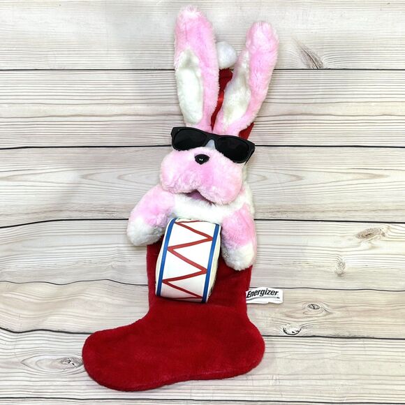 VTG Energizer Battery Bunny Christmas Stocking 27" Holding Drum 1993 Pink Retro - Picture 2 of 16